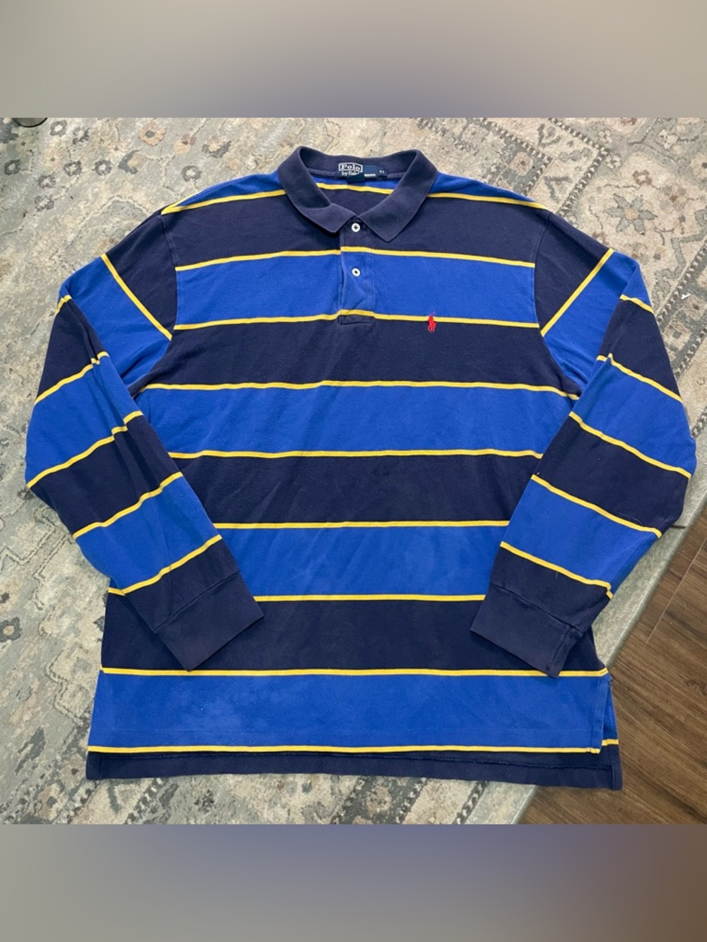 Vintage Polo Ralph Lauren Striped Rugby Shirt Blue Yellow Pony Logo Size XL